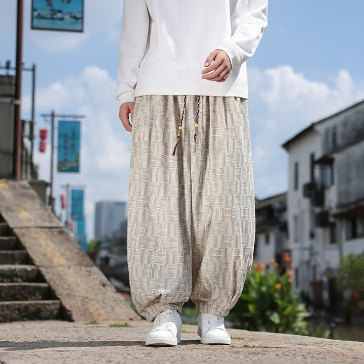 Buddha Stones Pantaloni alla caviglia da uomo stile harem con coulisse, casual, vintage, vintage, autunno/inverno, con motivo geometrico e tasca. - Beige - US/UK/AU54, EU64 (9XL) - image 5