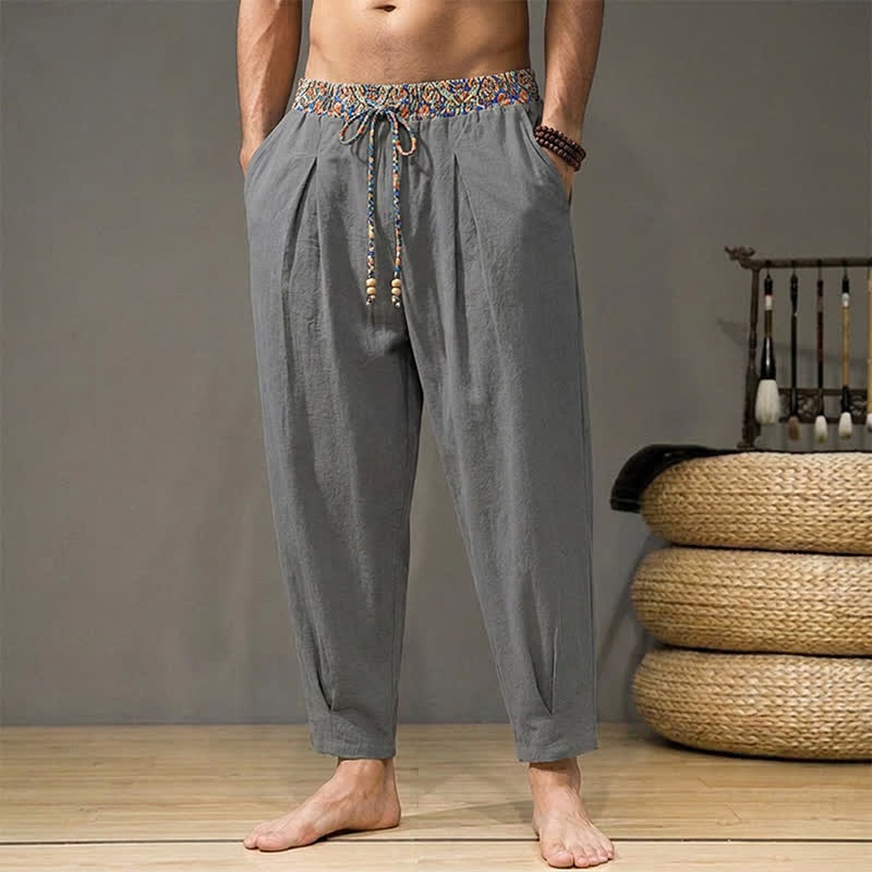 Buddha Stones Pantaloni lunghi da uomo primaverili/estivi casual boho con coulisse, motivo geometrico e vita elasticizzata, modello affusolato con tasche. - Grigio - US/UK/AU44, EU54 (3XL) - image 23