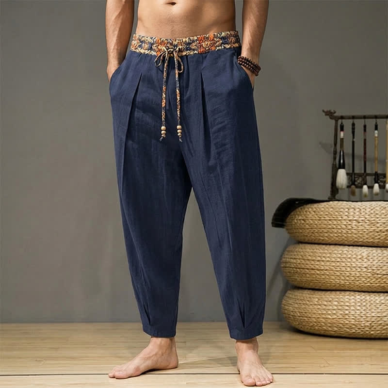 Buddha Stones Pantaloni lunghi da uomo primaverili/estivi casual boho con coulisse, motivo geometrico e vita elasticizzata, modello affusolato con tasche. - Marina - US/UK/AU44, EU54 (3XL) - image 11