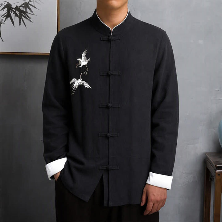 Buddha Stones Camicie da uomo a maniche lunghe in stile vintage Tang con bottoni a forma di rana e ricamo di gru, perfette per la primavera e l'autunno. - Nero - US/UK/AU46, EU56 (5XL) - image 9