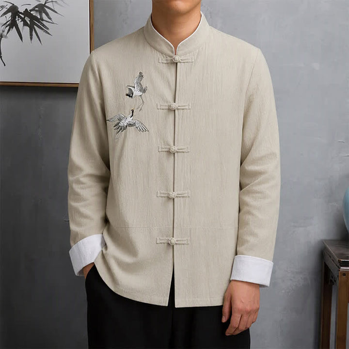Buddha Stones Camicie da uomo a maniche lunghe in stile vintage Tang con bottoni a forma di rana e ricamo di gru, perfette per la primavera e l'autunno. - Beige - US/UK/AU46, EU56 (5XL) - image 20