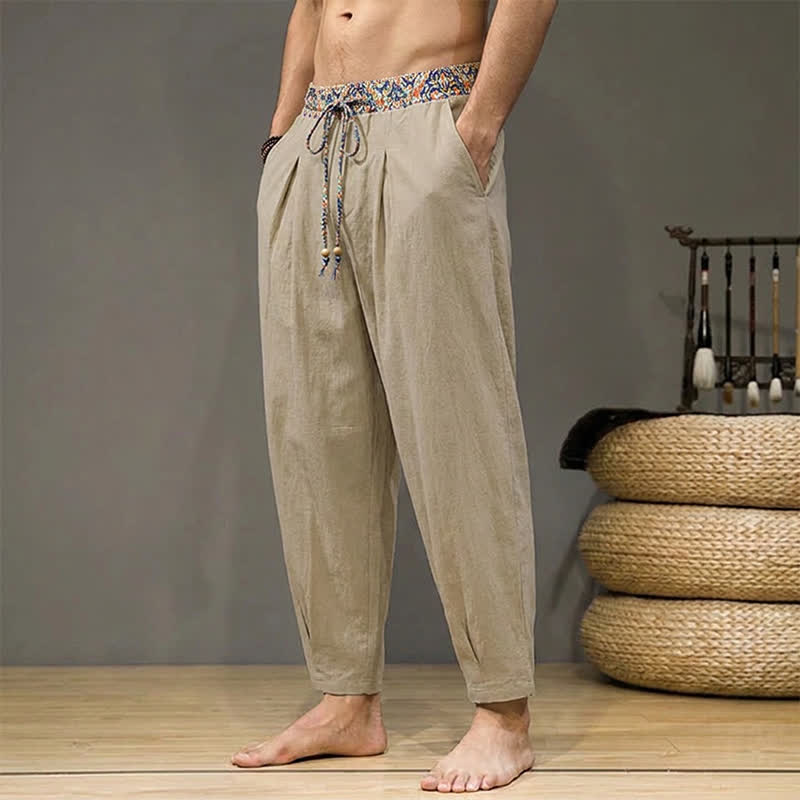 Buddha Stones Pantaloni lunghi da uomo primaverili/estivi casual boho con coulisse, motivo geometrico e vita elasticizzata, modello affusolato con tasche. - image 1