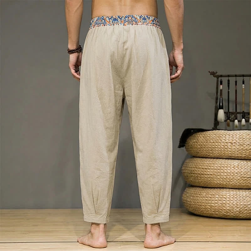 Buddha Stones Pantaloni lunghi da uomo primaverili/estivi casual boho con coulisse, motivo geometrico e vita elasticizzata, modello affusolato con tasche. - image 2
