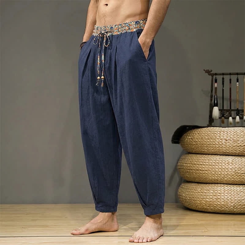 Buddha Stones Pantaloni lunghi da uomo primaverili/estivi casual boho con coulisse, motivo geometrico e vita elasticizzata, modello affusolato con tasche. - image 12