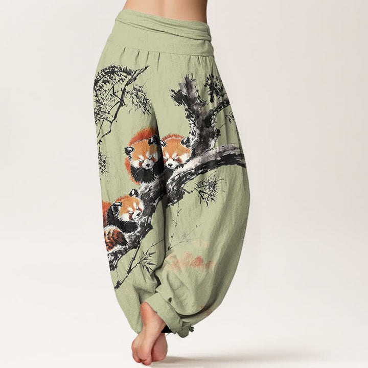 Buddha Stones Pantaloni harem da donna in cotone con stampa panda rosso e motivo bambù, con elastico in vita. - image 7