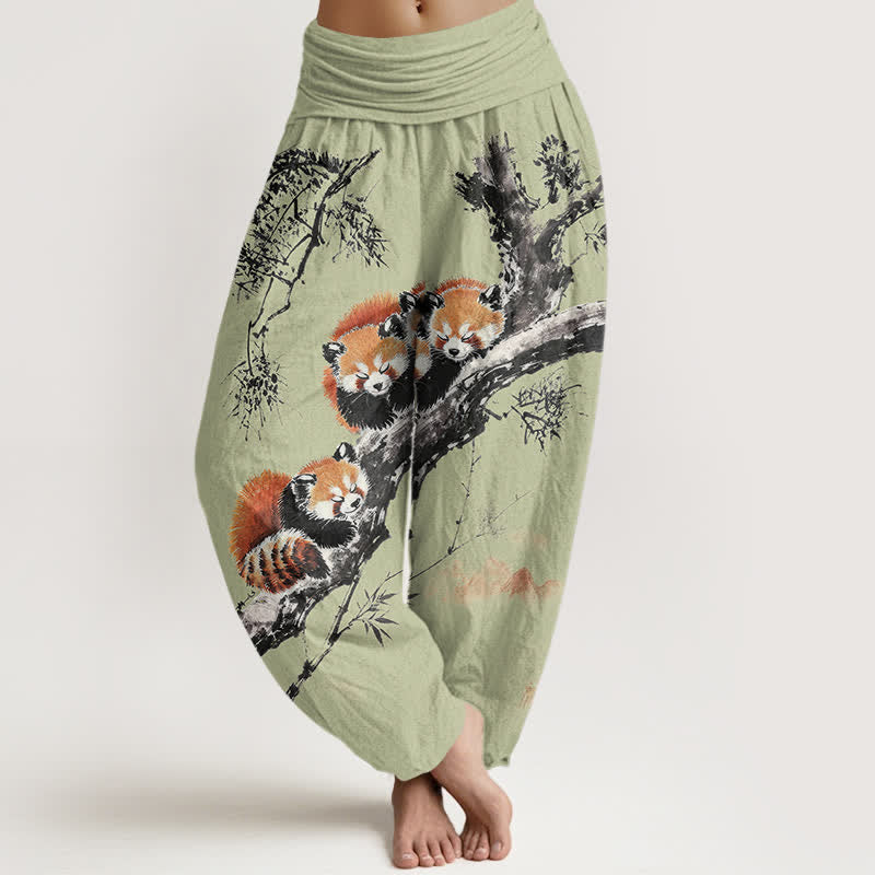 Buddha Stones Pantaloni harem da donna in cotone con stampa panda rosso e motivo bambù, con elastico in vita. - Verde pallido - US16, UK/AU20, EU48 (3XL) - image 5