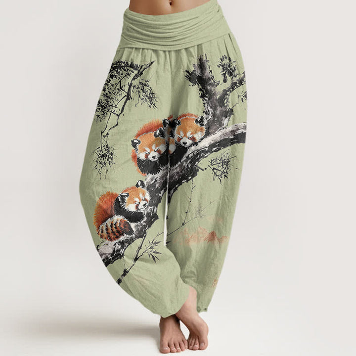 Buddha Stones Pantaloni harem da donna in cotone con stampa panda rosso e motivo bambù, con elastico in vita. - Verde pallido - US16, UK/AU20, EU48 (3XL) - image 5