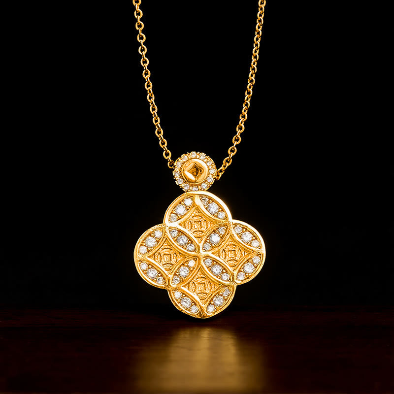 Buddha Stones Collana con quadrifoglio portafortuna e moneta cinese in rame - moneta cinese - image 0