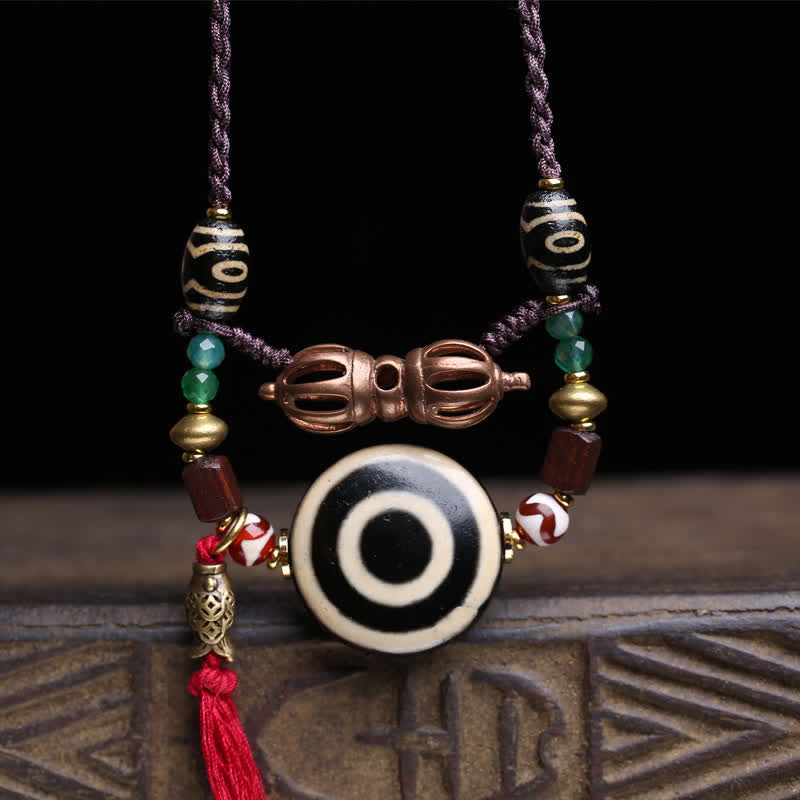 Buddha Stones Collana protettiva con perline Dzi tibetane Vajra a tre occhi e corda intrecciata - image 1