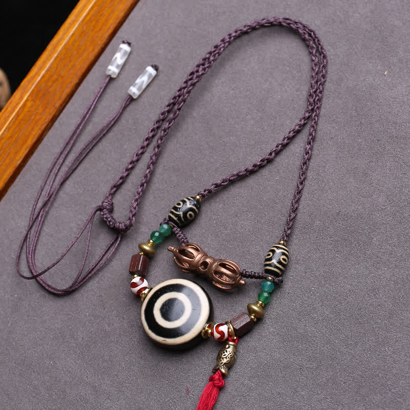 Buddha Stones Collana protettiva con perline Dzi tibetane Vajra a tre occhi e corda intrecciata - Circa 24 × 10 mm - image 0