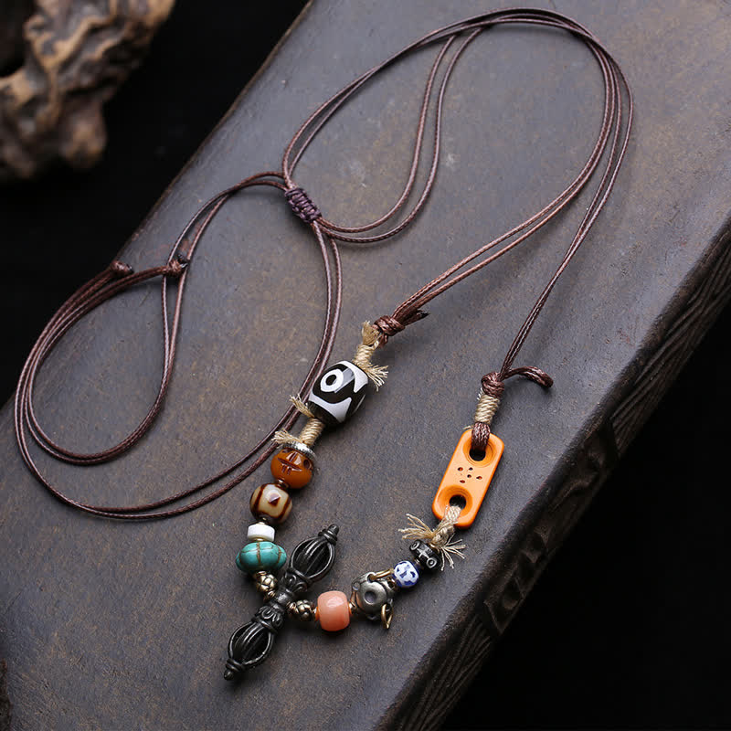 Buddha Stones Collana tibetana con perline Dzi a tre occhi e simbolo di Vajra, portafortuna. - Circa 46 × 10 mm - image 0
