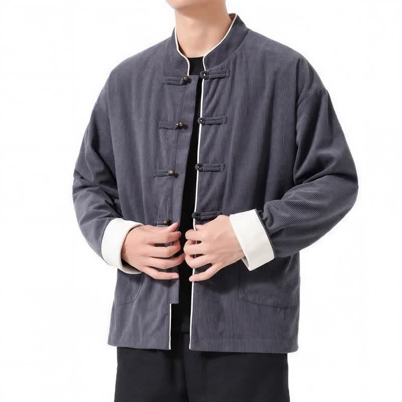 Giacca da uomo in velluto a coste tinta unita con bottoni a rana e tasche, stile casual autunno/inverno, con motivo Buddha Stones. - image 2