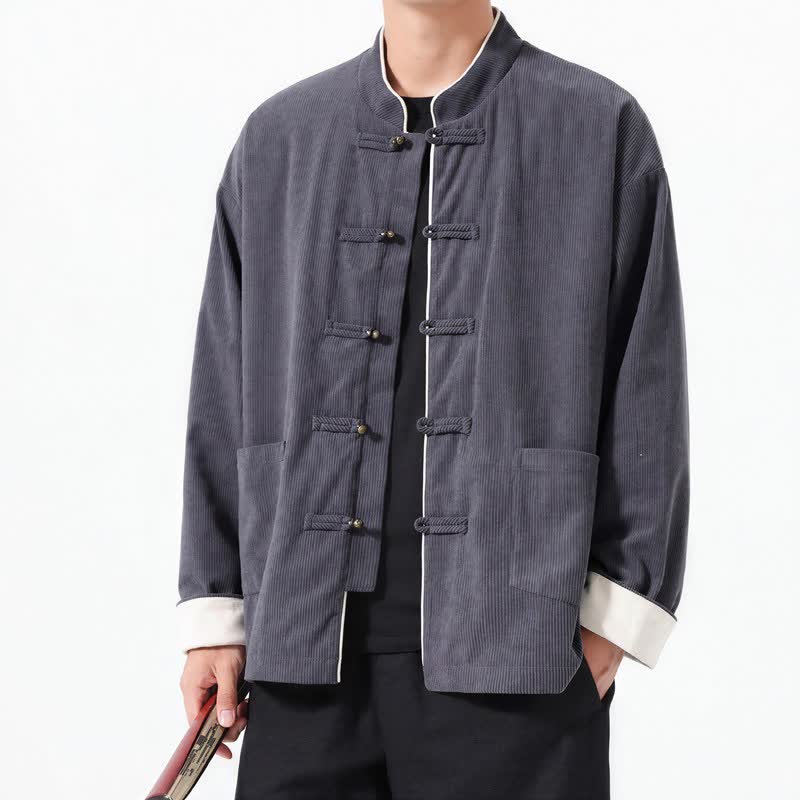 Giacca da uomo in velluto a coste tinta unita con bottoni a rana e tasche, stile casual autunno/inverno, con motivo Buddha Stones. - Grigio tenue - US/UK/AU46, EU56 (5XL) - image 0