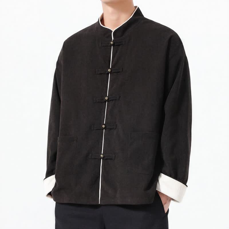 Giacca da uomo in velluto a coste tinta unita con bottoni a rana e tasche, stile casual autunno/inverno, con motivo Buddha Stones. - image 11