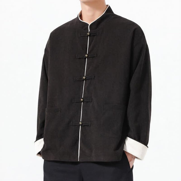 Giacca da uomo in velluto a coste tinta unita con bottoni a rana e tasche, stile casual autunno/inverno, con motivo Buddha Stones. - image 11