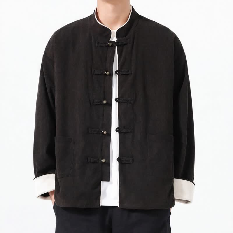 Giacca da uomo in velluto a coste tinta unita con bottoni a rana e tasche, stile casual autunno/inverno, con motivo Buddha Stones. - Nero - US/UK/AU46, EU56 (5XL) - image 10