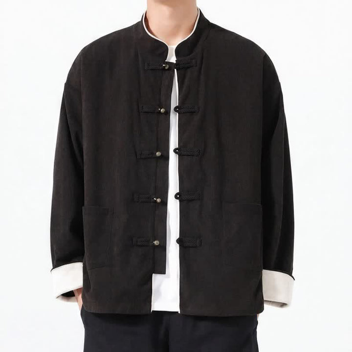 Giacca da uomo in velluto a coste tinta unita con bottoni a rana e tasche, stile casual autunno/inverno, con motivo Buddha Stones. - Nero - US/UK/AU46, EU56 (5XL) - image 10