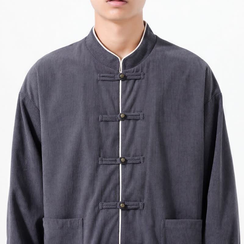 Giacca da uomo in velluto a coste tinta unita con bottoni a rana e tasche, stile casual autunno/inverno, con motivo Buddha Stones. - image 4