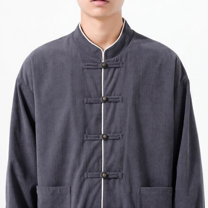 Giacca da uomo in velluto a coste tinta unita con bottoni a rana e tasche, stile casual autunno/inverno, con motivo Buddha Stones. - image 4