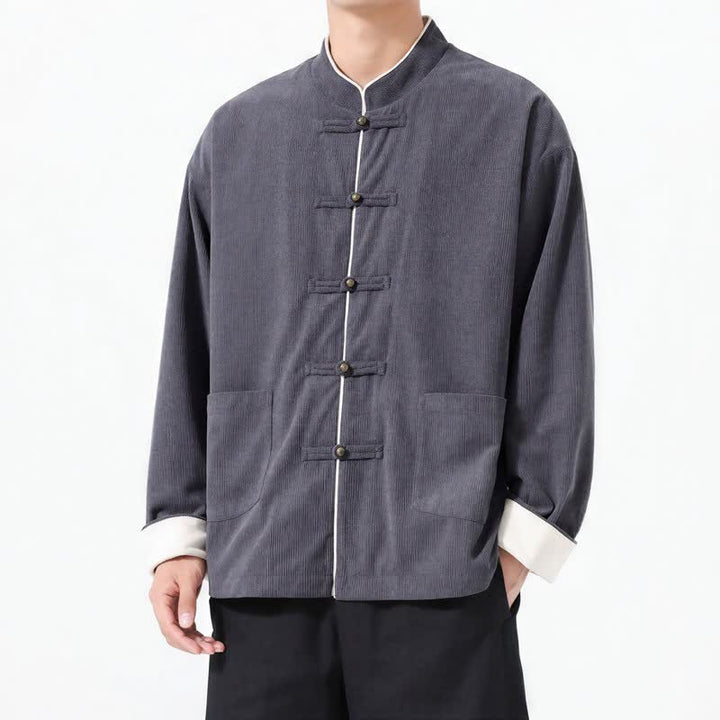 Giacca da uomo in velluto a coste tinta unita con bottoni a rana e tasche, stile casual autunno/inverno, con motivo Buddha Stones. - image 1