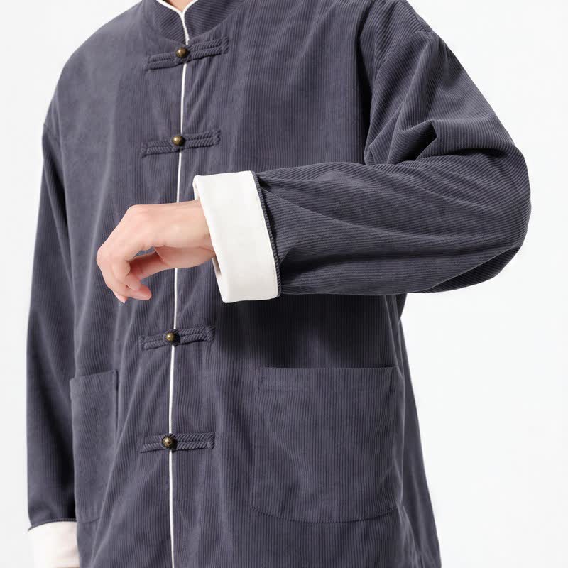 Giacca da uomo in velluto a coste tinta unita con bottoni a rana e tasche, stile casual autunno/inverno, con motivo Buddha Stones. - image 5