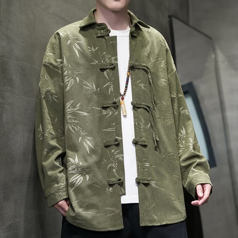 Camicia da uomo a maniche lunghe in velluto a coste con bottoni a rana e stampa floreale, stile Tang, autunno/inverno, con motivo Buddha Stones tasca. - image 3