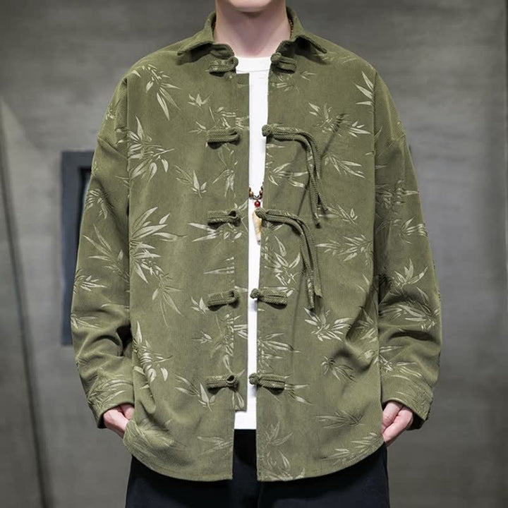 Camicia da uomo a maniche lunghe in velluto a coste con bottoni a rana e stampa floreale, stile Tang, autunno/inverno, con motivo Buddha Stones tasca. - Verde oliva scuro - US/UK/AU46, EU56 (5XL) - image 0