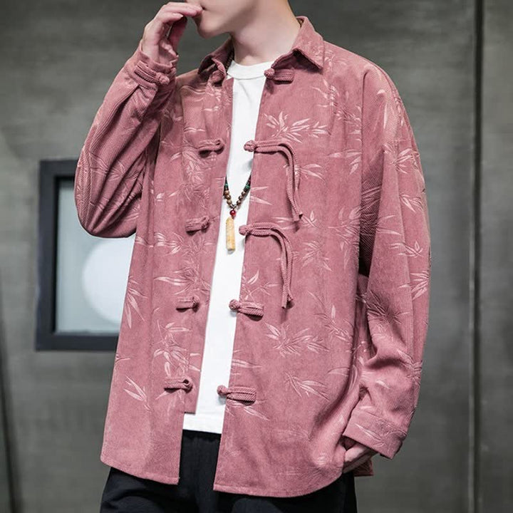 Camicia da uomo a maniche lunghe in velluto a coste con bottoni a rana e stampa floreale, stile Tang, autunno/inverno, con motivo Buddha Stones tasca. - image 16