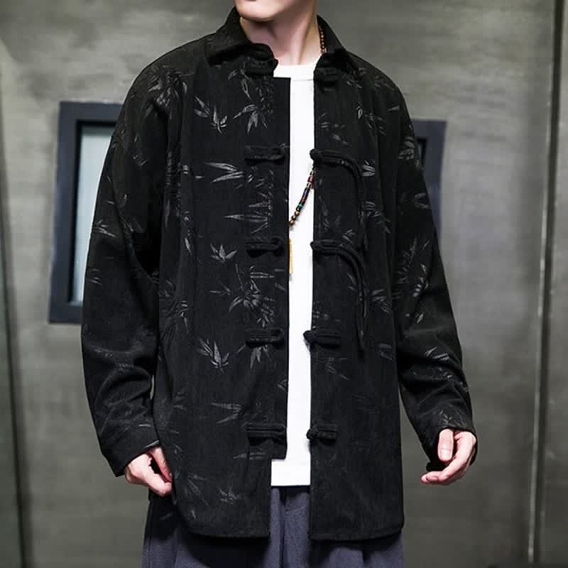 Camicia da uomo a maniche lunghe in velluto a coste con bottoni a rana e stampa floreale, stile Tang, autunno/inverno, con motivo Buddha Stones tasca. - image 9