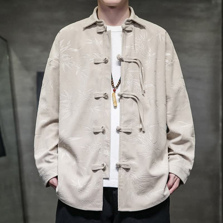 Camicia da uomo a maniche lunghe in velluto a coste con bottoni a rana e stampa floreale, stile Tang, autunno/inverno, con motivo Buddha Stones tasca. - Beige - US/UK/AU46, EU56 (5XL) - image 10