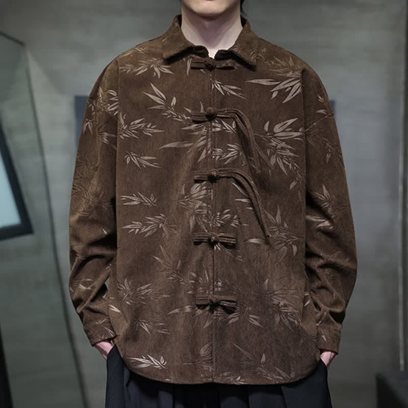 Camicia da uomo a maniche lunghe in velluto a coste con bottoni a rana e stampa floreale, stile Tang, autunno/inverno, con motivo Buddha Stones tasca. - image 21