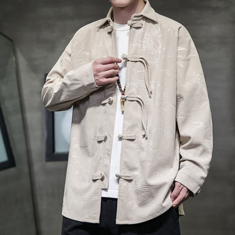 Camicia da uomo a maniche lunghe in velluto a coste con bottoni a rana e stampa floreale, stile Tang, autunno/inverno, con motivo Buddha Stones tasca. - image 12