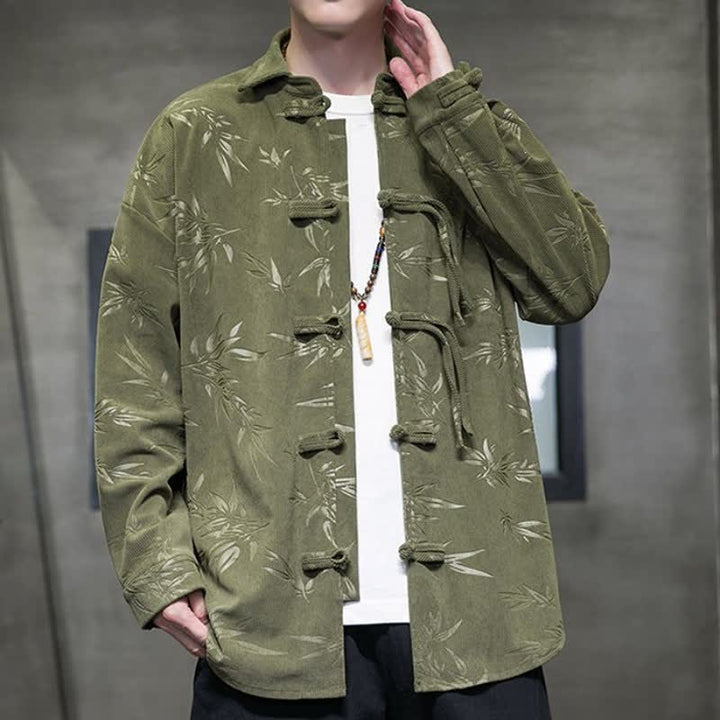 Camicia da uomo a maniche lunghe in velluto a coste con bottoni a rana e stampa floreale, stile Tang, autunno/inverno, con motivo Buddha Stones tasca. - image 1