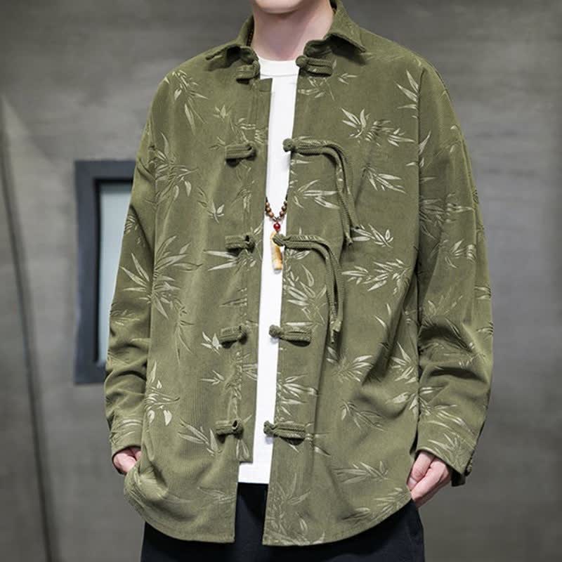 Camicia da uomo a maniche lunghe in velluto a coste con bottoni a rana e stampa floreale, stile Tang, autunno/inverno, con motivo Buddha Stones tasca. - image 4