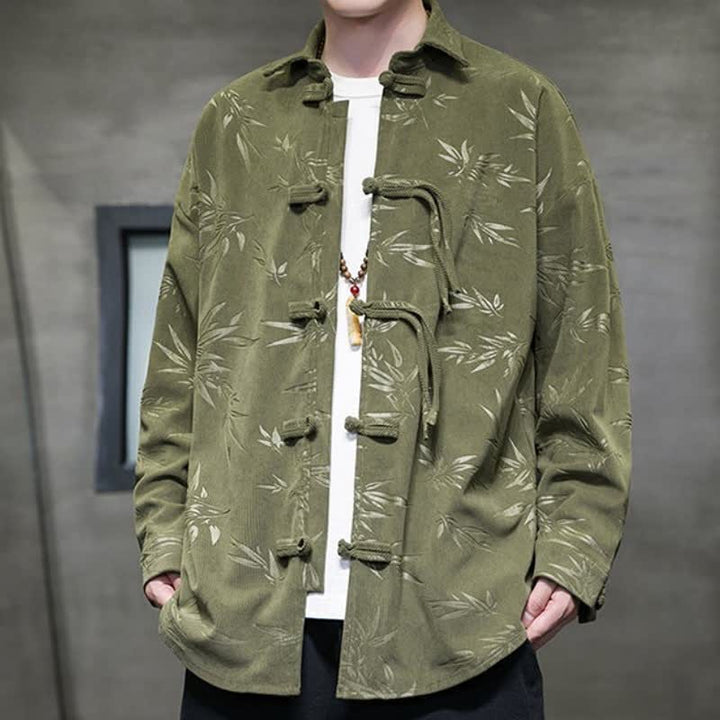Camicia da uomo a maniche lunghe in velluto a coste con bottoni a rana e stampa floreale, stile Tang, autunno/inverno, con motivo Buddha Stones tasca. - image 4