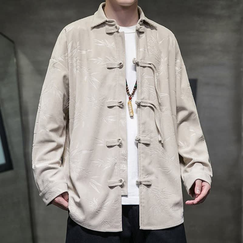 Camicia da uomo a maniche lunghe in velluto a coste con bottoni a rana e stampa floreale, stile Tang, autunno/inverno, con motivo Buddha Stones tasca. - image 13