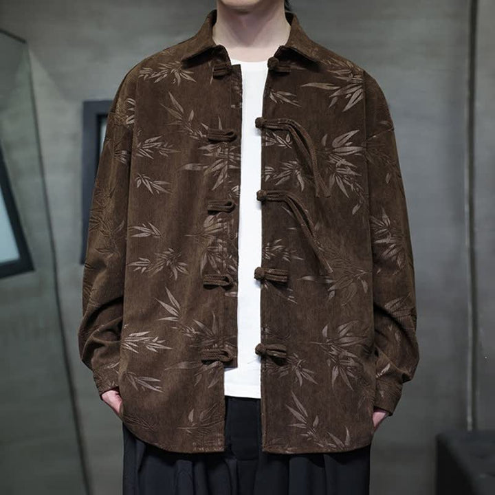 Camicia da uomo a maniche lunghe in velluto a coste con bottoni a rana e stampa floreale, stile Tang, autunno/inverno, con motivo Buddha Stones tasca. - Marrone sella - US/UK/AU46, EU56 (5XL) - image 18