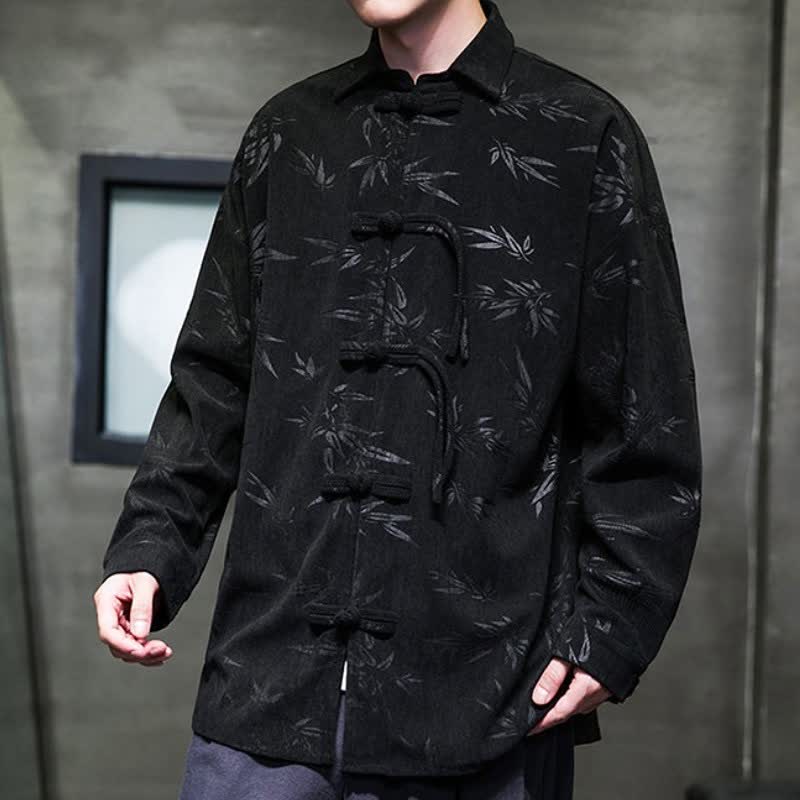 Camicia da uomo a maniche lunghe in velluto a coste con bottoni a rana e stampa floreale, stile Tang, autunno/inverno, con motivo Buddha Stones tasca. - image 8