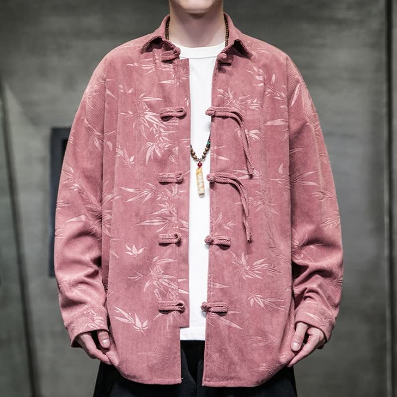 Camicia da uomo a maniche lunghe in velluto a coste con bottoni a rana e stampa floreale, stile Tang, autunno/inverno, con motivo Buddha Stones tasca. - Rosso viola pallido - US/UK/AU46, EU56 (5XL) - image 15