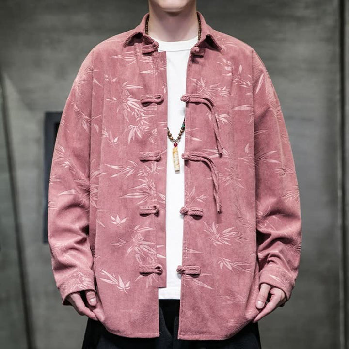 Camicia da uomo a maniche lunghe in velluto a coste con bottoni a rana e stampa floreale, stile Tang, autunno/inverno, con motivo Buddha Stones tasca. - Rosso viola pallido - US/UK/AU46, EU56 (5XL) - image 15