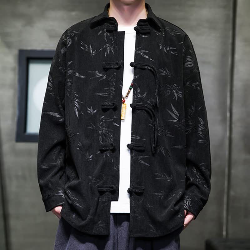 Camicia da uomo a maniche lunghe in velluto a coste con bottoni a rana e stampa floreale, stile Tang, autunno/inverno, con motivo Buddha Stones tasca. - Nero - US/UK/AU46, EU56 (5XL) - image 5