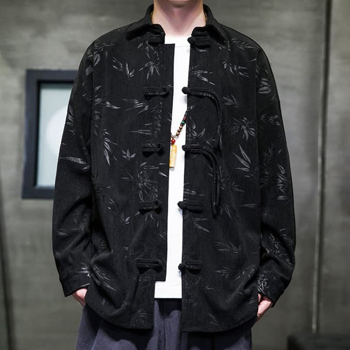 Camicia da uomo a maniche lunghe in velluto a coste con bottoni a rana e stampa floreale, stile Tang, autunno/inverno, con motivo Buddha Stones tasca. - Nero - US/UK/AU46, EU56 (5XL) - image 5
