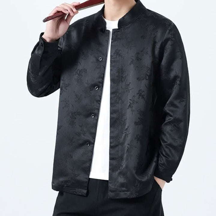 Camicia da uomo a maniche lunghe con taschino, elegante, stile Tang, con colletto alla coreana e stampa floreale, con motivo Buddha Stones, ideale per l'autunno/inverno. - image 1