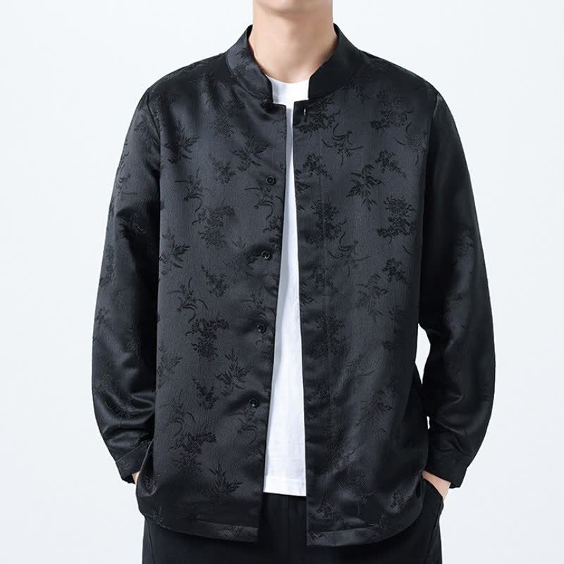 Camicia da uomo a maniche lunghe con taschino, elegante, stile Tang, con colletto alla coreana e stampa floreale, con motivo Buddha Stones, ideale per l'autunno/inverno. - Nero - US/UK/AU46, EU56 (5XL) - image 0