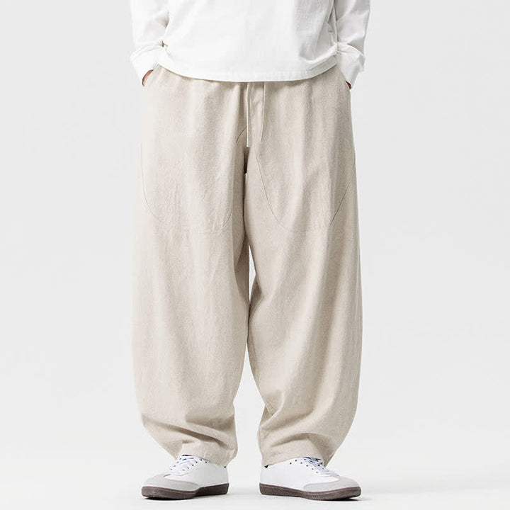 Buddha Stones Pantaloni casual primavera/estate con coulisse, in cotone tinta unita, alla caviglia, pantaloni harem da uomo con tasche. - Beige - US/UK/AU46, EU56 (5XL) - image 6
