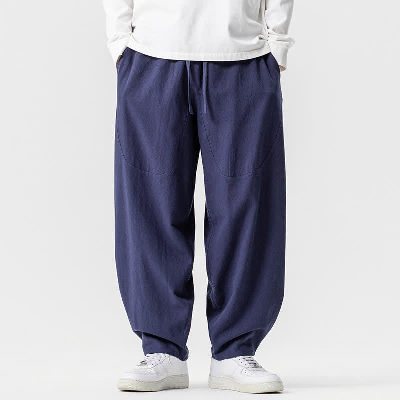 Buddha Stones Pantaloni casual primavera/estate con coulisse, in cotone tinta unita, alla caviglia, pantaloni harem da uomo con tasche. - Marina - US/UK/AU46, EU56 (5XL) - image 27