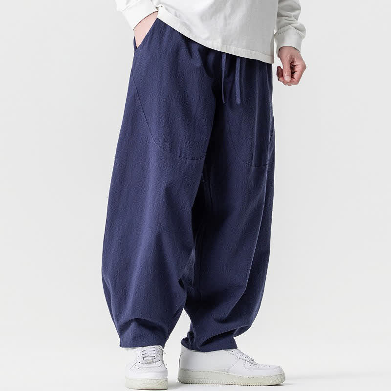 Buddha Stones Pantaloni casual primavera/estate con coulisse, in cotone tinta unita, alla caviglia, pantaloni harem da uomo con tasche. - image 31