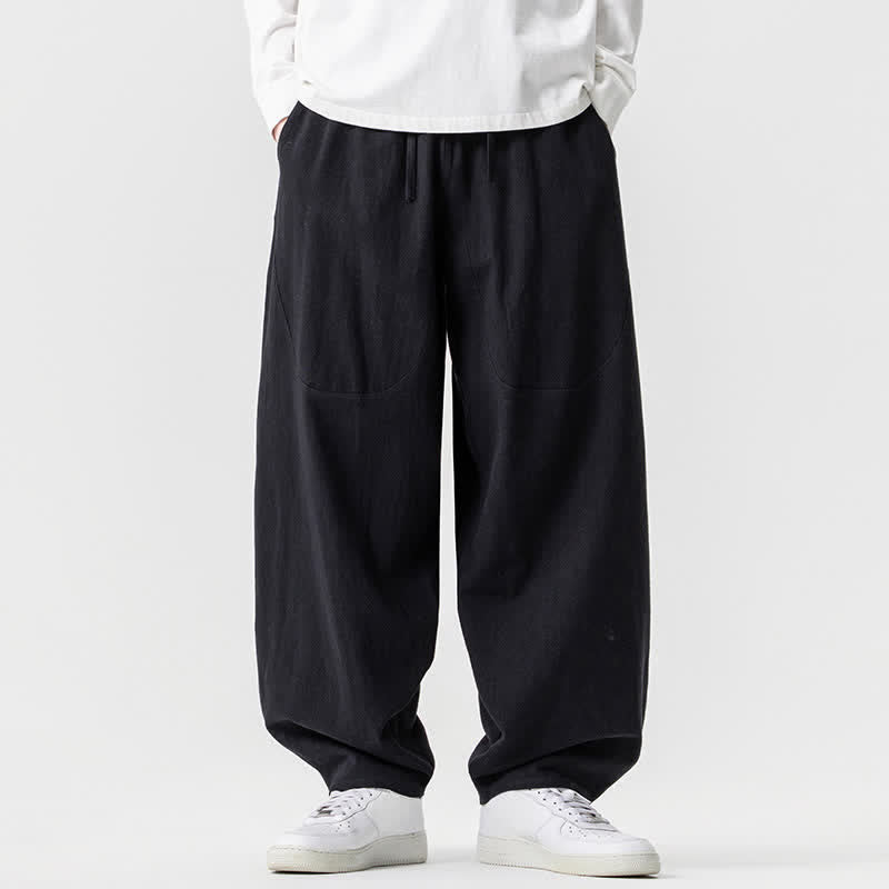 Buddha Stones Pantaloni casual primavera/estate con coulisse, in cotone tinta unita, alla caviglia, pantaloni harem da uomo con tasche. - Nero - US/UK/AU46, EU56 (5XL) - image 12
