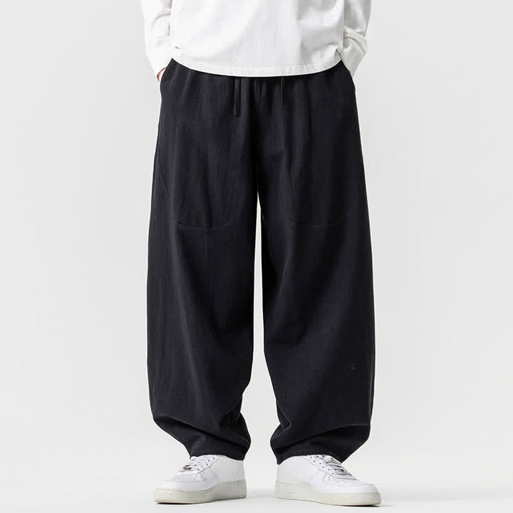 Buddha Stones Pantaloni casual primavera/estate con coulisse, in cotone tinta unita, alla caviglia, pantaloni harem da uomo con tasche. - Nero - US/UK/AU46, EU56 (5XL) - image 12