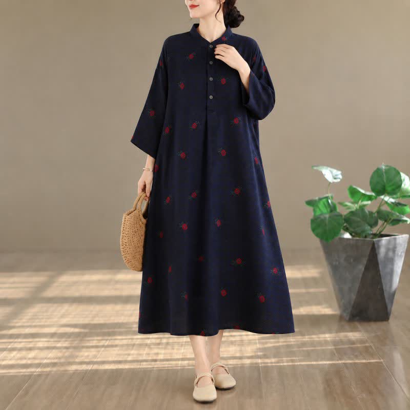 Buddha Stones Abito da donna a maniche lunghe con colletto alla coreana, stile Tang vintage, con stampa floreale e tasche, ideale per primavera/autunno. - Blu mezzanotte - US4, UK/AU8, EU36-46 (F) - image 0